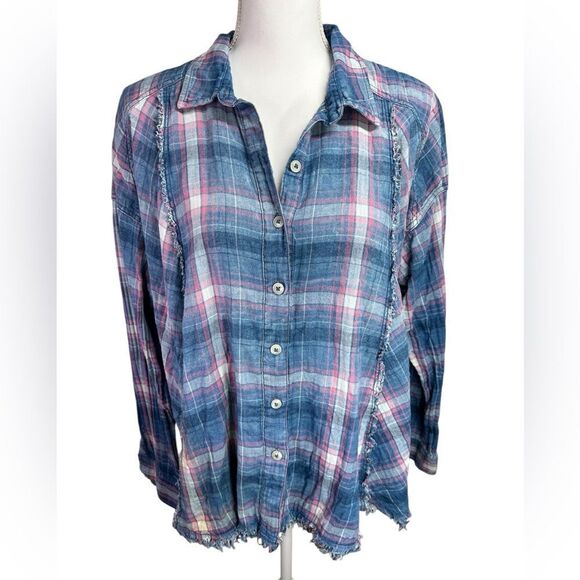 We The Free Seeking Starlight Plaid Light Blue Boho Coastal Cowgirl Top Size M - Picture 3 of 14